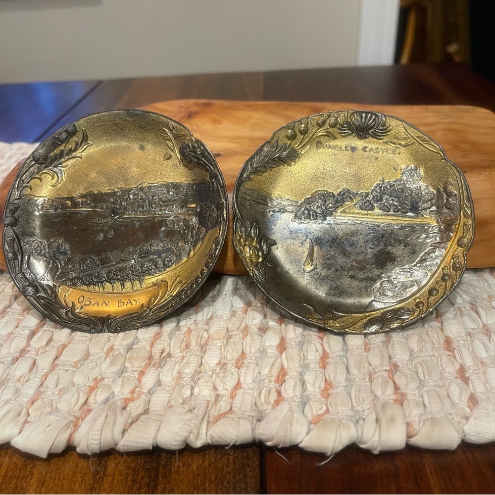 Antique souvenir brass metal trinket trays featuring landmarks in Scotland